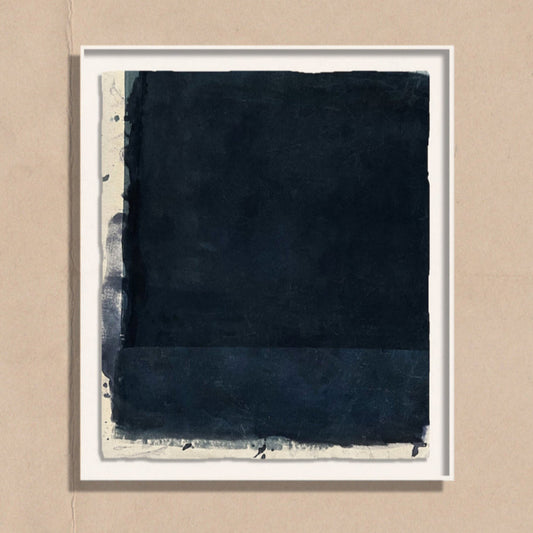 Abstract art piece with dark blue and black colors on a beige background