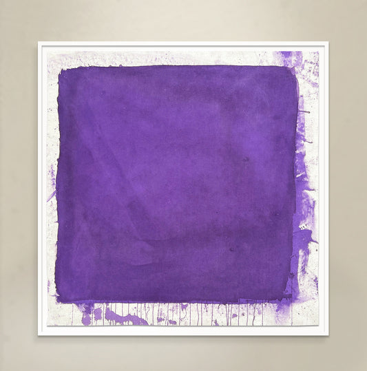 A predominantly purple mixed media artwork with a white border, mounted under glass and possibly with a custom-made frame.