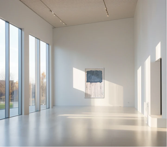 A piece of abstract art hanging on a wall in a gallery setting, with a predominantly white and light-colored room.