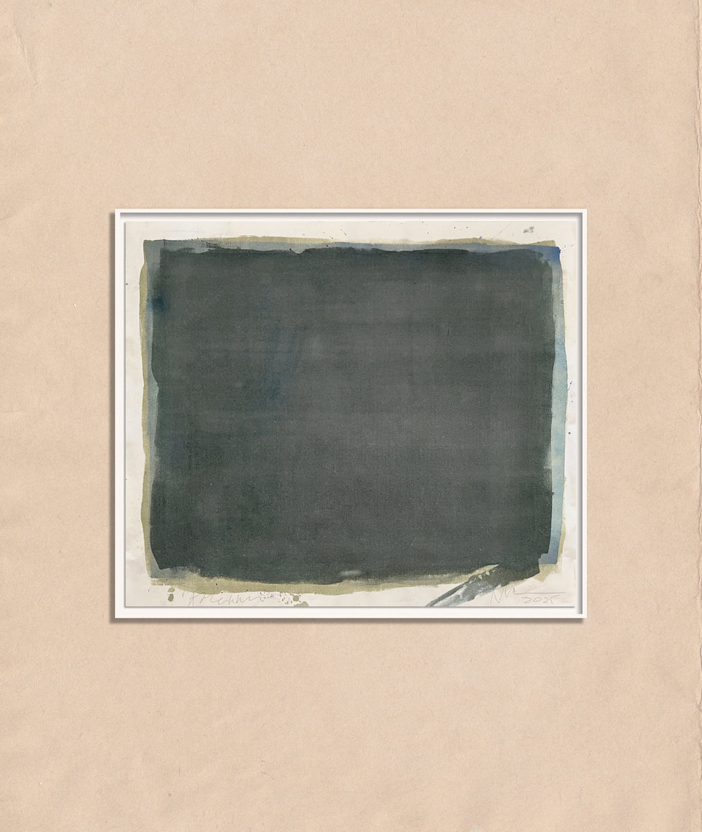 A minimalist artwork featuring a large rectangular canvas with a solid dark color, mounted in a simple frame.