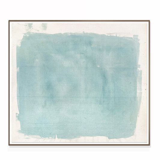 A framed mixed media artwork with a predominantly blue color palette, presented under glass.