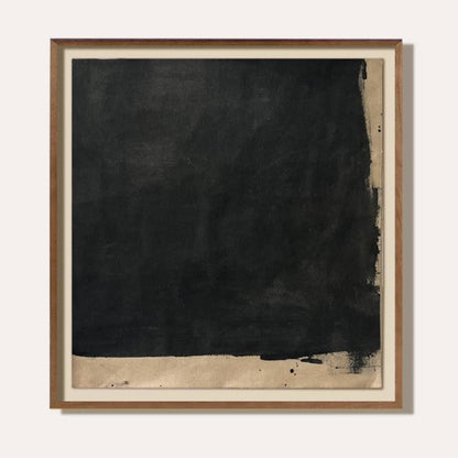 Framed abstract artwork with black and beige tones on a white background