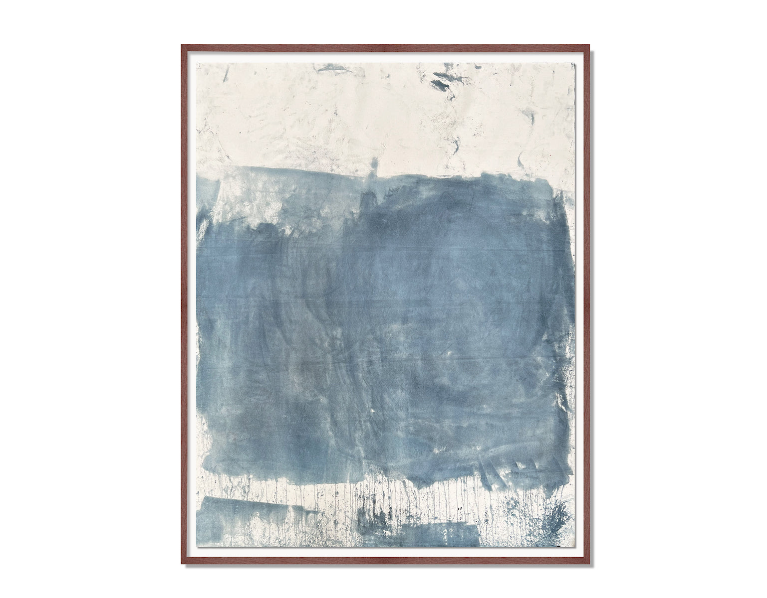 A abstract artwork with blue and white hues, dyed on organic cotton canvas, mounted under glass in a wooden frame.