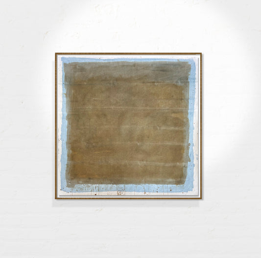 A mixed media artwork on cotton canvas with a predominantly beige and blue color palette, framed in a custom-made wooden frame.