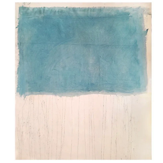 A canvas painting with a top turquoise section transitioning to a bottom section with vertical white brush strokes.