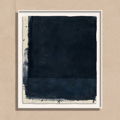Abstract art piece with dark blue and black colors on a beige background