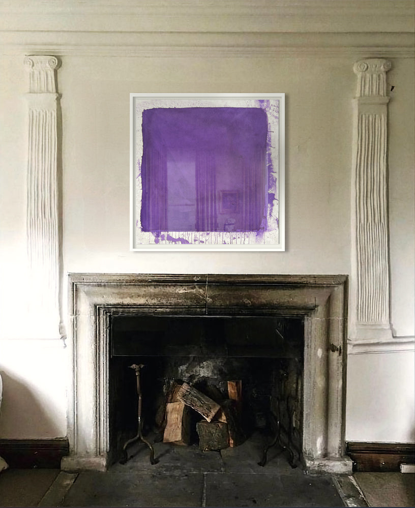A purple abstract painting mounted on a wall above a fireplace.