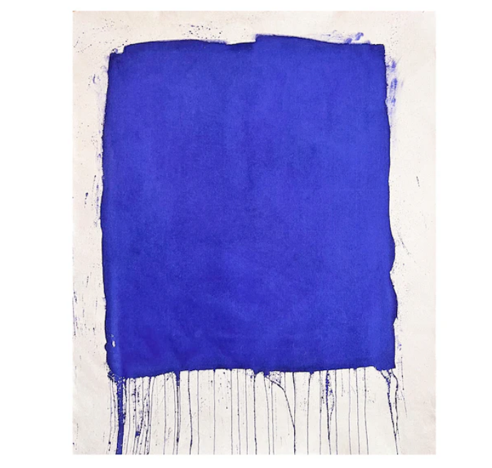 A predominantly blue mixed media artwork with a large, central blue shape and drips at the bottom, mounted under glass in a oak frame.