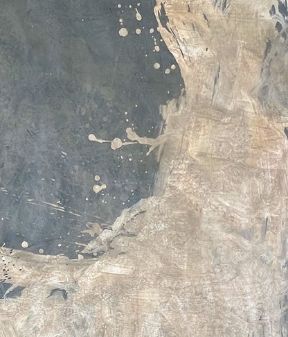 Abstract textured artwork featuring a dark charcoal gray area on the left with irregular white paint splatters, meeting a warm beige and tan marbled or stone-like textured area on the right.