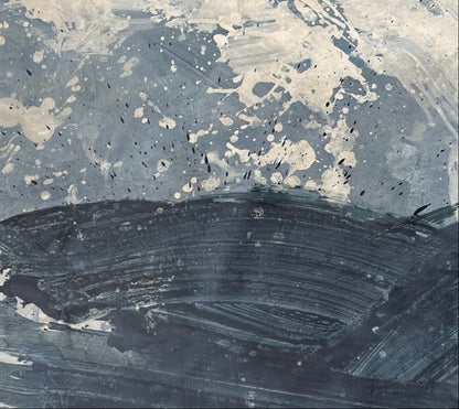Abstract textured painting with layered brushstrokes in dark charcoal gray, slate blue-gray, and off-white, with paint splatters and drips across the surface.