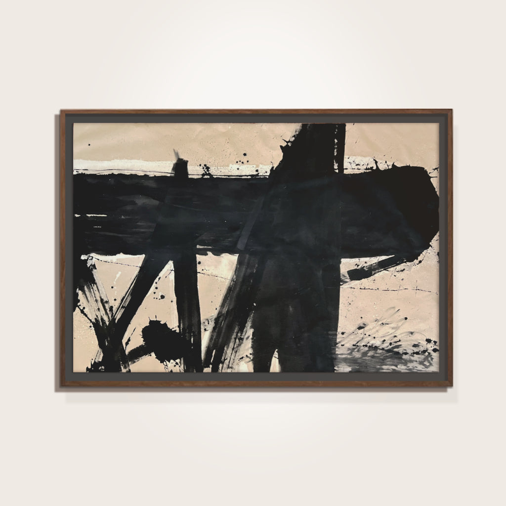 Abstract art piece with black brush strokes on a beige background, framed in brown.