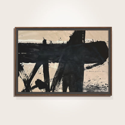 Abstract art piece with black brush strokes on a beige background, framed in brown.