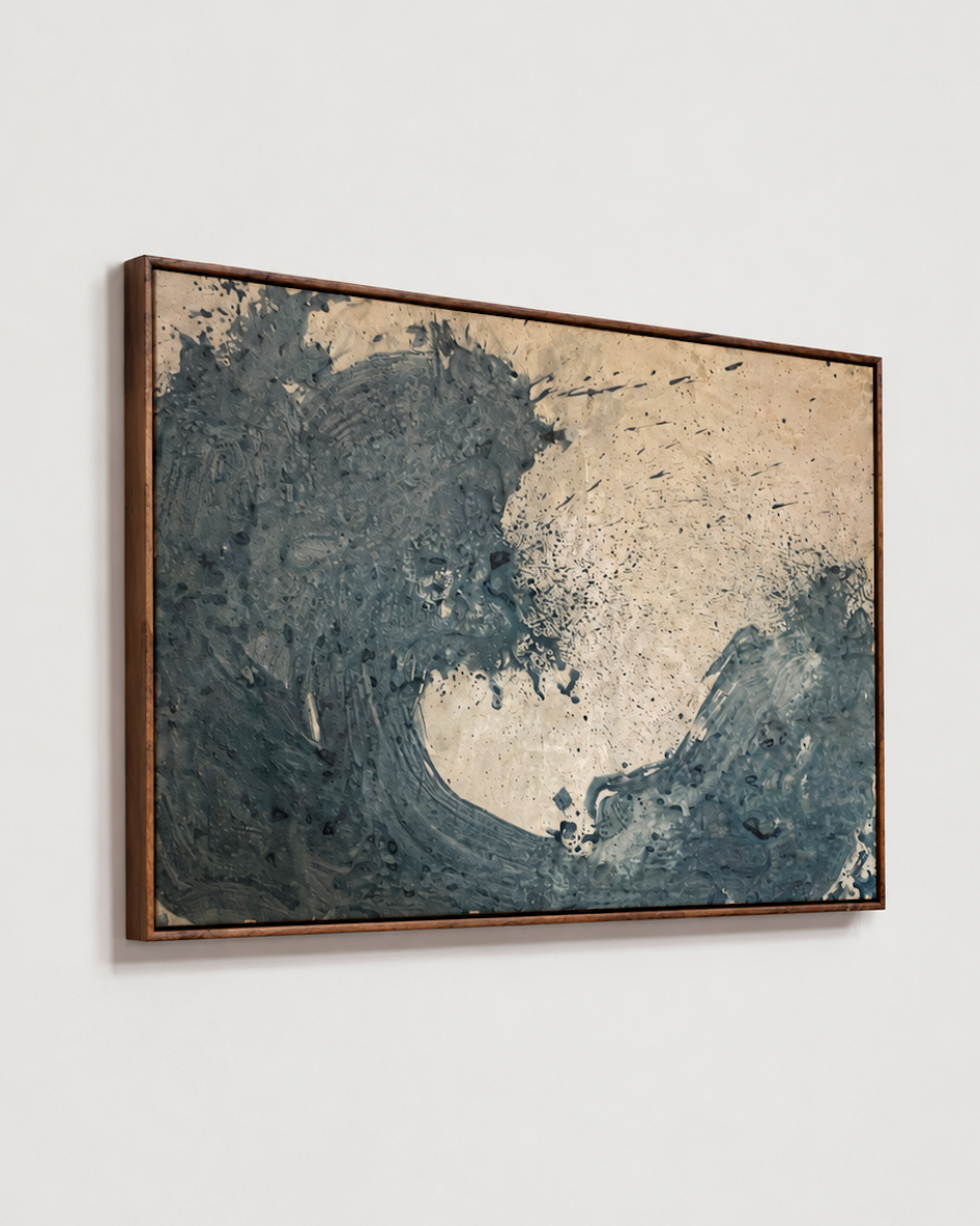 A framed abstract wave painting on a light gray wall by Nicolas Makelberge. The artwork features textured dark blue-gray and beige brushstrokes resembling a crashing ocean wave, enclosed in a dark brown frame.