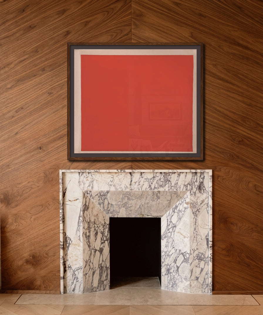 Framed red abstract painting above a marble fireplace with wooden wall and floor.
