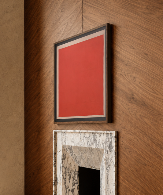 Red abstract painting on a wooden wall above a marble fireplace.