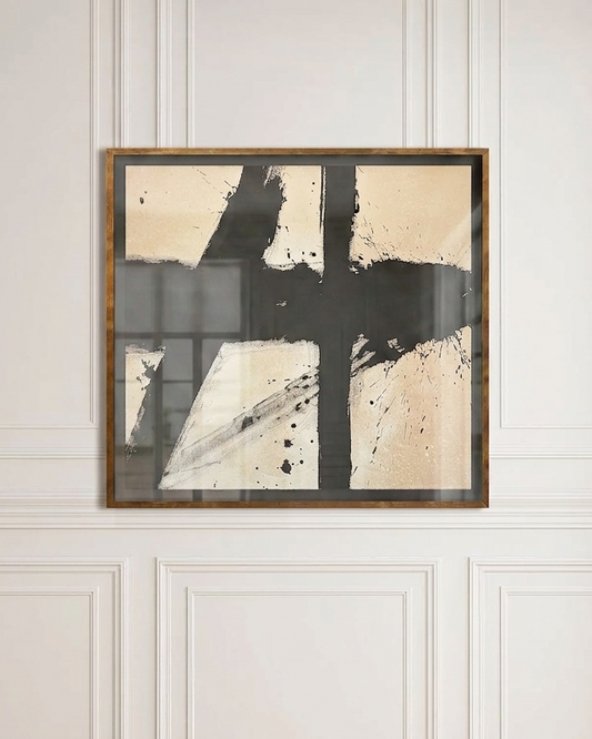 Abstract art piece by makelberge on a wall with wainscoting