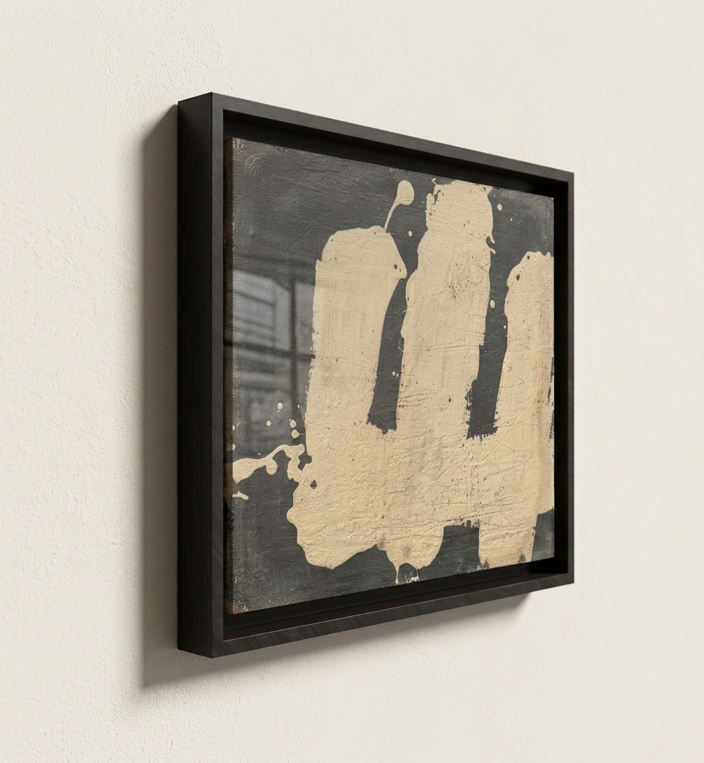Abstract art piece by makelberge with black and beige colors in a black frame on a light wall.