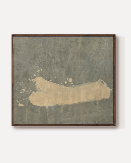 A small square framed artwork centered on a plain light gray background. The artwork has a distressed textured surface in muted gray-green tones with a broad warm beige horizontal area across the middle.