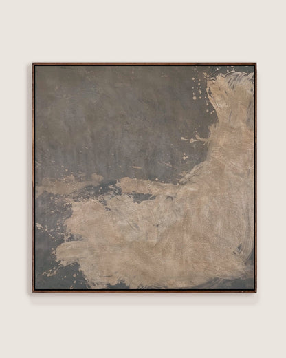 An abstract square canvas painting with textured dark gray and beige brushstrokes, framed in a thin dark border and displayed against a solid off-white wall.