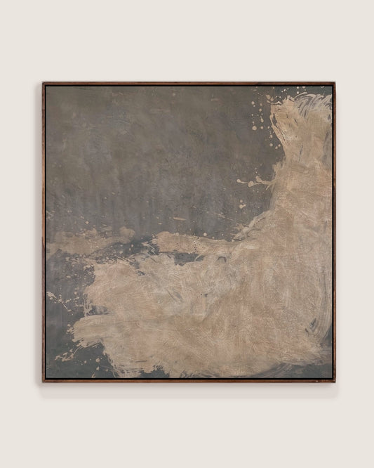 An abstract square canvas painting with textured dark gray and beige brushstrokes, framed in a thin dark border and displayed against a solid off-white wall.